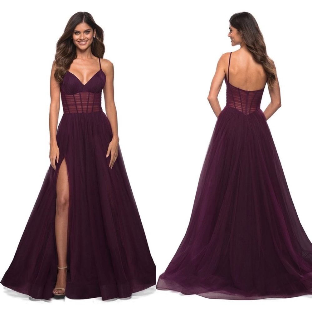 LA FEMME ILLUSIONS BODICE Tulle A-LINE DARK BERRY BALL GOWN 30334 SZ 8